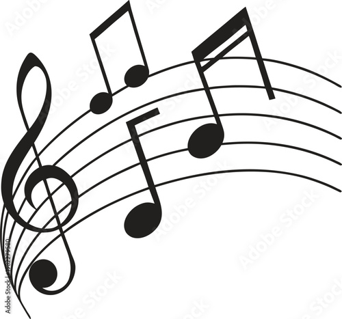 Black musical notes and treble clef on white background
