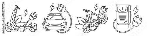 Eco transport line art set with electric car, scooter and charging station. Vector hand drawn collection of green energy vehicle icons with power plug, leaves and lightning for sustainable city