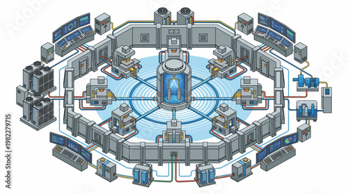 Industrial robotic manufacturing system layout.
