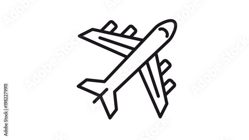 Black line art vector icon of a commercial airplane or jet airliner isolated on white background, minimalist illustration for travel, aviation, transportation, flight, and tourism graphic design.