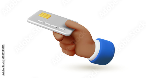3d hand of black person holding credit card, vector illustration of African American hand with plastic bank card for payment or financial transaction