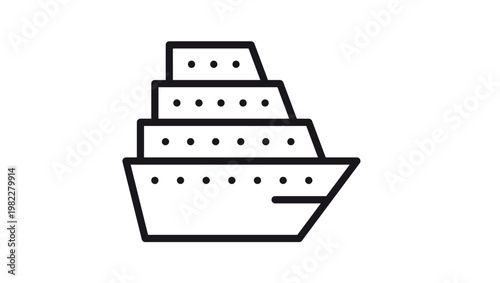 Cruise ship vector icon illustration of a large ocean liner passenger vessel for maritime travel and vacation tourism, minimalist black line art symbol isolated on white background.