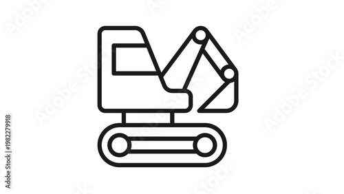 Black line art vector icon illustration of a heavy excavator machine, featuring a detailed cabin, mechanical arm, bucket, and crawler tracks, ideal for construction and industrial design.