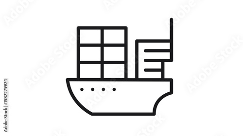 Minimalist black line vector icon of a cargo container ship for shipping and logistics, featuring a freighter silhouette for international trade, maritime transport, and global export delivery.