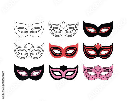 A collection of colorful masquerade masks on a white background