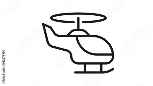 Black line art helicopter vector icon illustration. Minimalist outline of a chopper aircraft with rotor blades and landing skids, isolated on a white background for graphic design and web use.