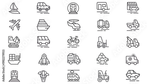 Vector Icon Set Collection of 25 Black Minimalist Line Art Transportation and Vehicle Symbols. Includes Car, Truck, Airplane, Boat, Train, Construction Machinery, Public Transit, and Logistics Icons.