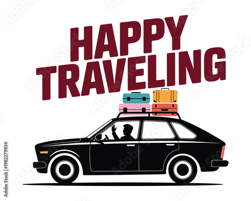 A happy traveler drives off into the distance with luggage on top of their car.