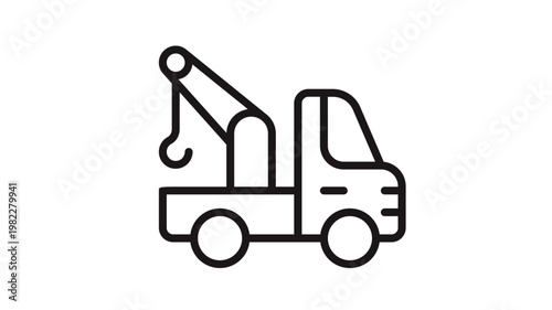 Canvas Print Black Line Art Vector Icon of a Tow Truck or Crane Truck with a Lifting Hook; Minimalist Illustration of a Recovery Vehicle for Breakdown Service, Construction, and Logistics Design