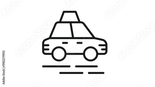 Black line art vector icon of a taxi cab with a roof sign and motion lines, minimalist silhouette illustration of a public transportation vehicle for city travel, urban commuting, and ride-hailing