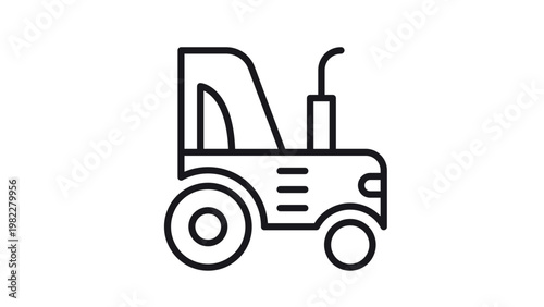 Minimalist black line art vector icon of a farm tractor, professional agricultural machinery illustration for farming, harvest, and rural transport concepts, scalable graphic isolated on white.