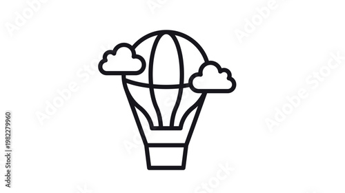 Hot air balloon vector icon illustration featuring a minimalist black line art design of a balloon flying through clouds, perfect for travel, adventure, flight, and tourism graphic design.