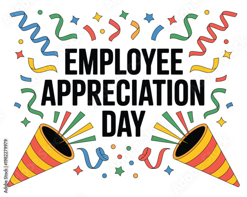 A colorful illustration celebrating Employee Appreciation Day with confetti and party horns