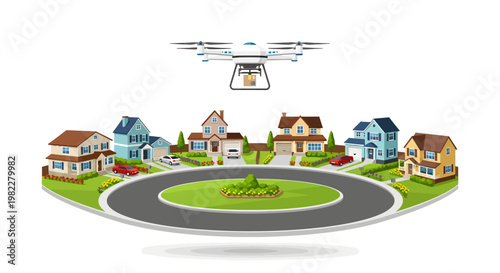 Drone flying over suburban neighborhood with houses and road