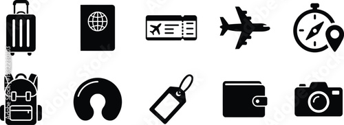 Black travel icons depicting luggage tickets and transportation