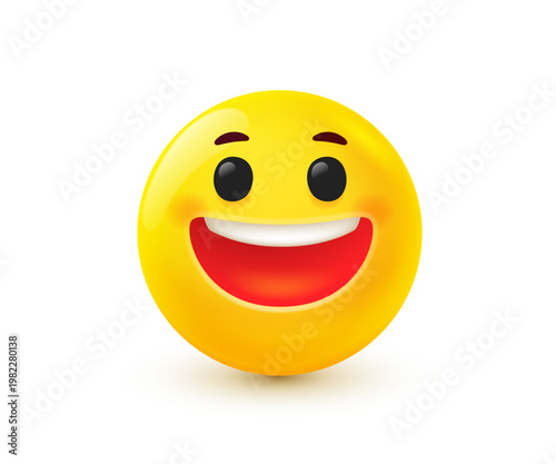 3d yellow emoji with wide toothy smile, happy vector emoticon character with broad grin. Smiling face icon with teeth for social media, chat reaction, fun and success expression