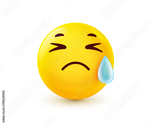 3d yellow emoji with closed eyes and sad mouth, crying vector emoticon character with large blue teardrop. Unhappy face icon with squinting eyes and tear for social media, chat and sorrow expression