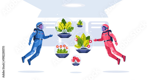 Astronauts floating in space with potted plants and flowers