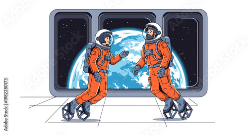 Astronauts in space suits riding hoverboards in zero gravity near Earth