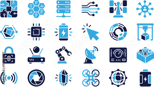 Collection of technology icons including circuits processors servers and more.