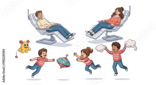 Dental patients and cartoon characters in various positions