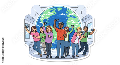 Diverse group of people celebrating in front of Earth from space