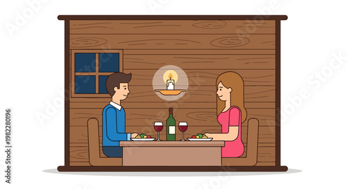 Couple having romantic dinner at wooden cabin