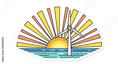 Wind turbine at sunrise over ocean, renewable energy concept