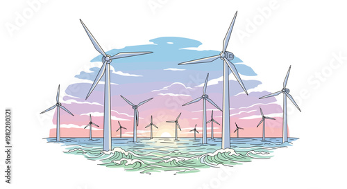 Wind turbines in the ocean at sunset, renewable energy concept