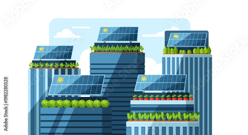 Futuristic cityscape with green roofs and blue skyscrapers