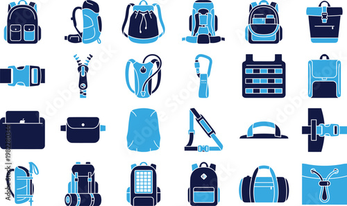 Various backpacks and components for hiking and travel in blue.
