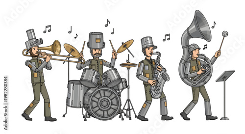 marching band musicians playing brass instruments in uniform