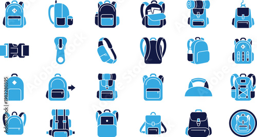 Diverse assortment of backpacks and travel gear in blue and navy.