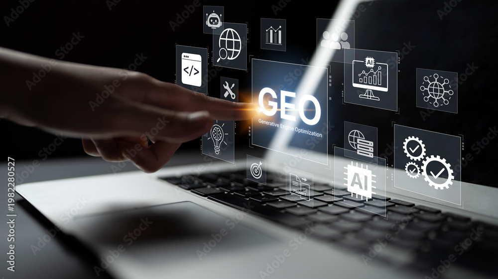 Obraz premium Digital marketing concept featuring GEO strategy, optimizing content for AI search engines and large language models. Evolution of SEO, brand authority, and AI citation visibility. Corpus