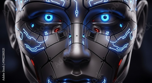 Android face with glowing blue circuitry patterns embedded in metallic skin stares directly forward with piercing light sensors in a dark environment.