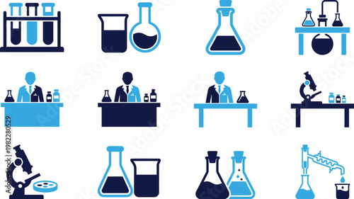 Photos Scientific research lab equipment icons for chemistry and biology experiments research
