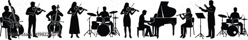 Orchestra musicians silhouette set featuring violinist cellist pianist drummer flutist and conductor performing classical music with various instruments for concert design