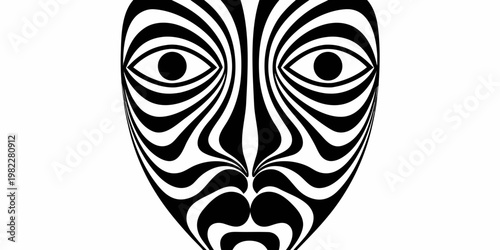 Stylized human face mask with striking symmetrical black and white line pattern symmetrical abstract minimalist monochrome illusion geometry portrait contrast illustration structure