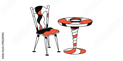 Decorative hand-drawn illustration of a swirly patterned dining chair and matching round table with stylized artistic piece brings a creative flair to furniture design imagery furniture decorative