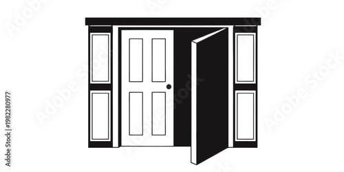 Black and white graphic illustration of an open door with entrance architecture interior exterior building illustration minimalist structure entryway residential property construction