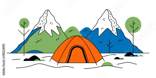 Orange camping tent at the base of snowy mountains with mountains outdoors adventure landscape expedition wilderness trekking vacation recreation activity exploration climbing overnight