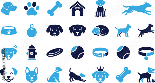 Collection of cute cartoon dog and pet icons for a veterinary clinic or animal lover.