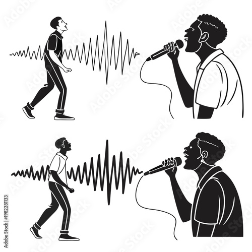 Black and white illustration of singers with microphones and audio waves microphone performance vibration illustration recording frequency entertainment waveform expression audiobook