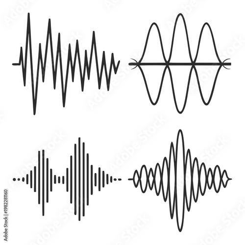 Graphic collection of various audio signal sound waves with frequency equalizer waveform vibration recording amplitude oscilloscope technology abstract spectrum communication electronic