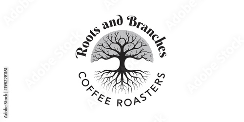Roots and branches coffee roasters round logo badge with roasters branches beverage illustration business circular caffeine marketing isolated botanical agriculture roasting professional