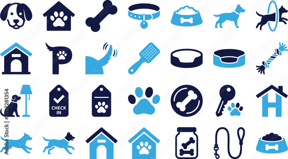 Fototapeta premium Collection of flat pet care icons for dog grooming and veterinary services.