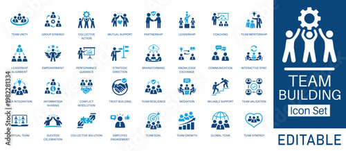 Team Building and Teamwork solid icon set. Featuring leadership, conflict resolution, employee engagement, and brainstorming. Vector icons for HR management and corporate leaders.