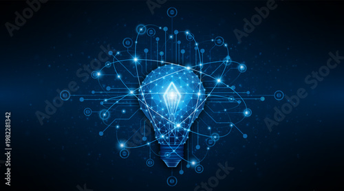 An innovative and creative light bulb concept incorporating advanced smart digital technology. A futuristic light bulb with integrated circuits and data connectivity for business applications.