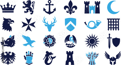 Photos Collection of regal and medieval heraldic symbols in blue and navy