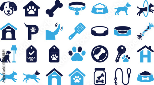 Collection of flat pet care icons for dog grooming and veterinary services.